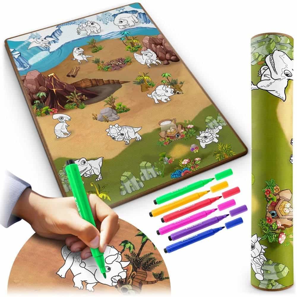 Spatiu de joaca 2 in 1, covoras din spuma si carte de colorat, asigura izolare termica fata de sol, textura anti-alunecare, model frumos cu dinozauri, 120 x 90 cm, verde si maro 5