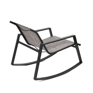 Set masa patrata pentru gradina DacEnergy©, structura metalica, blat de sticla, 2 scaune balansoar, cu spatar si brate, 51 x 51 cm