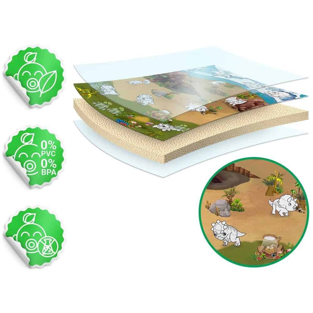 Spatiu de joaca 2 in 1, covoras din spuma si carte de colorat, asigura izolare termica fata de sol, textura anti-alunecare, model frumos cu dinozauri, 120 x 90 cm, verde si maro 6