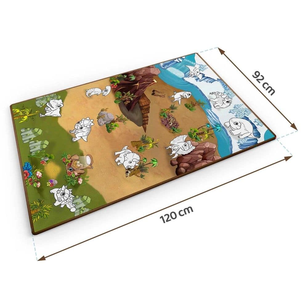 Spatiu de joaca 2 in 1, covoras din spuma si carte de colorat, asigura izolare termica fata de sol, textura anti-alunecare, model frumos cu dinozauri, 120 x 90 cm, verde si maro 9