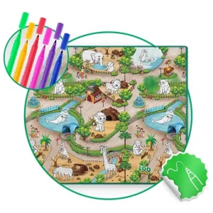 ​Spatiu de joaca 2 in 1, covoras din spuma si carte de colorat, asigura izolare termica fata de sol, textura anti-alunecare, model frumos cu animale de la Zoo, 200 x 120 cm, verde