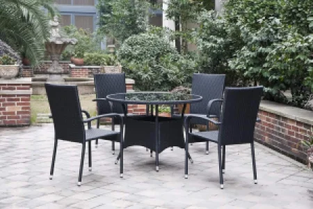 Set masa rotunda pentru gradina DacEnergy©, structura metalica, blat de sticla, 4 scaune, otel si ratan sintetic, include perne din poliester, negru
