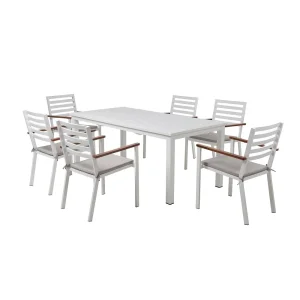 Set masa dreptunghiulara DacEnergy©, masa extensibila, scaune fixe, realizat din aluminiu, 245/183 x 90 x 75 cm, cu 6 scaune cu perne