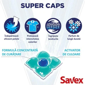 ​Detergent de rufe capsule Savex Super Caps, curatare puternica, Extra fresh, 15 bucati