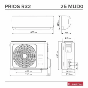 Aparat aer conditionat Ariston Prios, dezumidificare, Follow Me, autocuratare, mod ECO, mod de noapte, functie incalzire, inverter, R32, 9000 BTU, A++/A+, debit aer 587 mc/h, alb