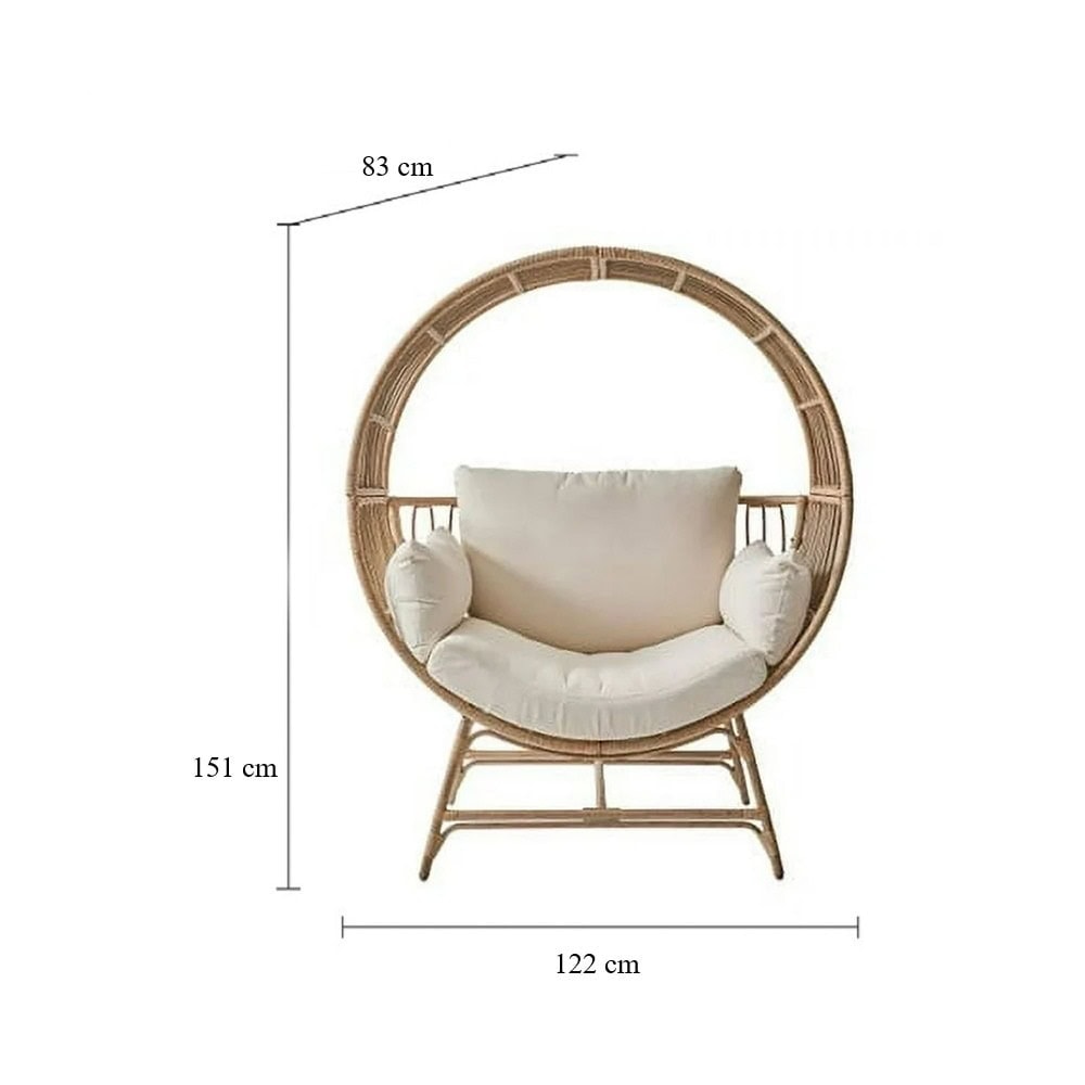 ​Scaun rotund din ratan sintetic DacEnergy©, tip ou supradimensionat, cadru din otel vopsit in camp electrostatic, cu perna moale si 2 perne laterale, design boem, 122 x 151 x 83 cm, bej 3