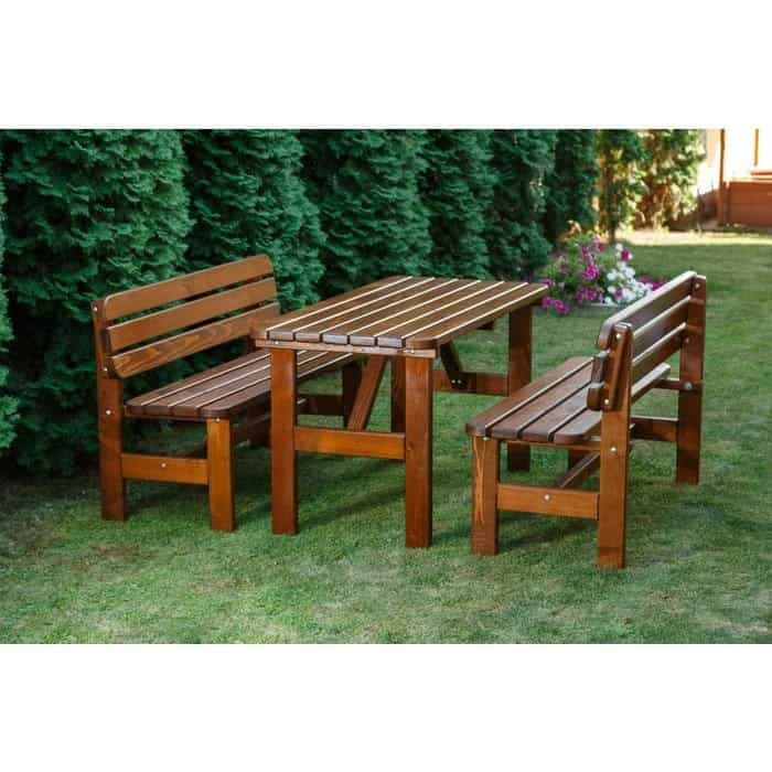 Set mobilier gradina DacEnergy©, o masa si 2 banci cu spatar, forma dreptunghiulara, din lemn de molid masiv, partial montat, 150 x 70 x 74 cm, maro inchis 3