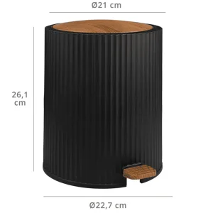 Cos de gunoi cu pedala, realizat din plastic, forma cilindrica, 5 L, 23 x 23 x 27.5 cm, culoarea negru si lemn