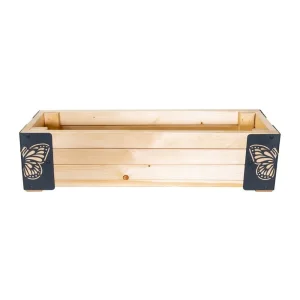 ​Jardiniera din lemn, cu insertii metalice in forma de fluturi, interior/exterior, forma dreptunghiulara, 80 x 20 x 27 cm, natur si gri