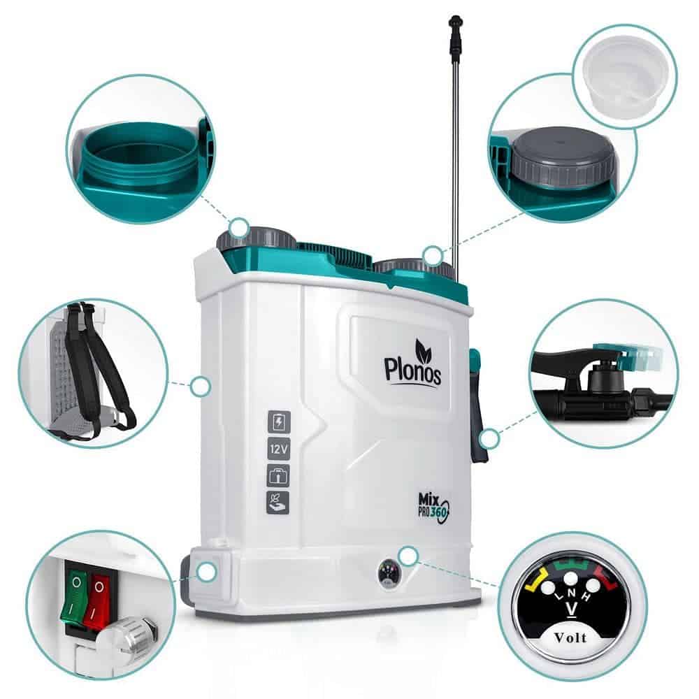 Pompa de st​ropit cu acumulator, plumb-acid, 12 V, 8 Ah, 4 duze diferite, presiune maxima 5, 5 bar, debit maxim 3, 1 l/min, timp de lucru 9 ore, cu mixe, 45 x 38 x 19 cm, 16 l, alb si albastru ​ 2
