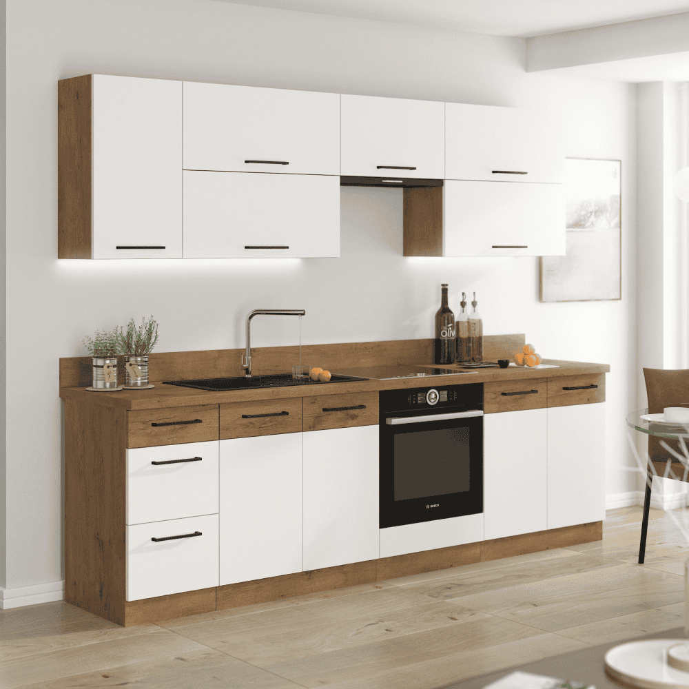 Cabinet inferior, alb extra lucios HG/stejar Lancelot, VEGA D80 3S BB 2